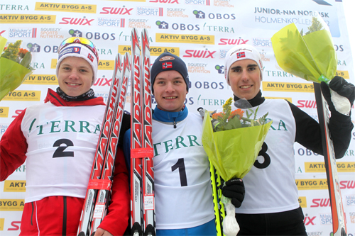 Pallen p&aring; 10 km fri teknikk M17 fra junior-NM 2012. Fra venstre: Kristian Gr&aelig;sli (2), Eirik Sverdrup Augdal (1), Sindre Folkvord (3). Foto: Erik Borg