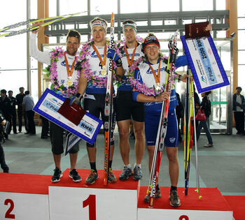 TEODOR PETERSON vann f&ouml;re Anders H&ouml;gberg, Kjetil Hagtvedt Dammen och Gustav Hall i herrarnas sprint.
