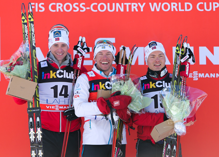 Sprintpallen i Lahti. Ola Vigen Hattestad, Emil J&ouml;nsson och Finn Hagen Krogh. FOTO: Laiho/NordicFocus.