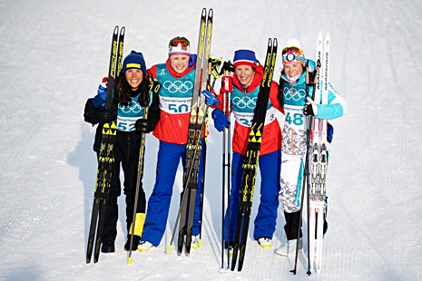 Fyra medalj&ouml;rer h&ouml;r inte till vanligheten: Charlotte Kalla, silver, Ragnhild Haga, guld och Marit Bj&ouml;rgen och Krista P&auml;rm&auml;koski med delat brons. FOTO: Jon Olav Nesvold/Bildbyr&aring;n.