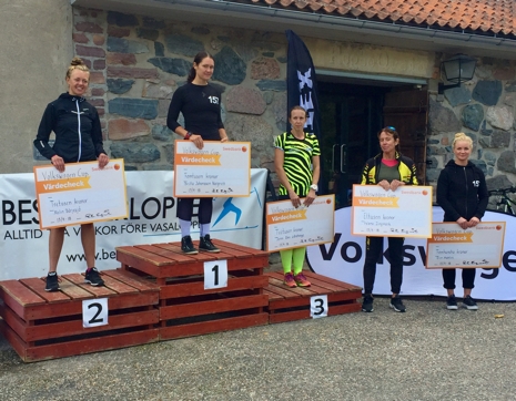 Toppen i damklassen på Volkswagen rullskidcup. Fr.v. tvåan Malin Börjesjö, ettan Britta Johansson Norgren, trean Jenni Ehn Gårdhage, fyran Helena Zingmark och femman Elin Mohlin. FOTO: Volkswagen rullskidcup.