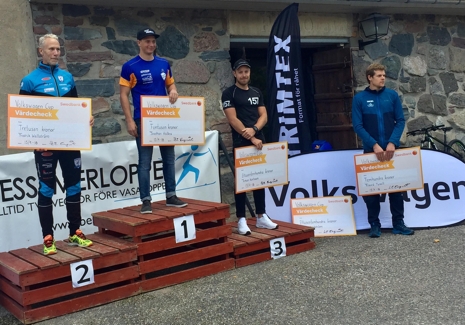 Toppen i herrklassen på Volkswagen rullskidcup. Fr.v. tvåan Fredrik Wallström, ettan Jonathan Hedbys, trean Anton Karlsson och femman Rikard Tynell. FOTO: Volkswagen rullskidcup.