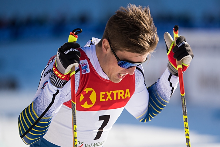 Calle Halfvarsson var besviken efter sprinten men har alla chanser att avancera fr&aring;n sin tiondeplats i totalen i morgondagens jaktstart. FOTO: Fredrik Varfjell/Bildbyr&aring;n.
