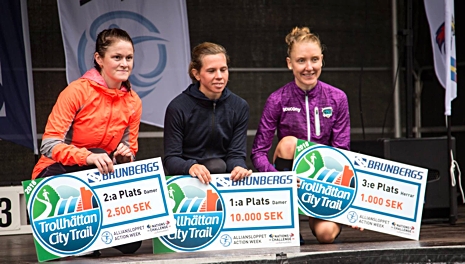 Helene Söderlund till vänster med vinnaren Karin Nilsson i mitten och trean Tova Eurén Magnusson. FOTO: Alliansloppet Action Week.