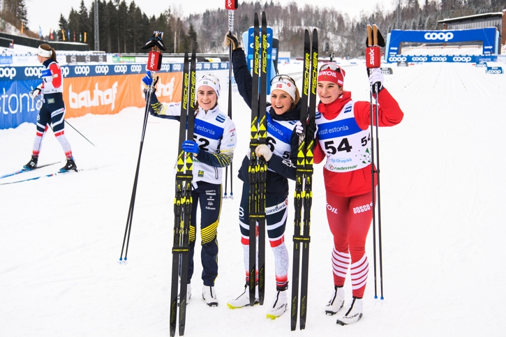 Topptrion 10 kilometer klassiskt i Otep&auml;&auml;, Estland: Ebba Andersson, Therese Johaug och Natalia Nepryaeva. FOTO: Jon Olav Nesvold/Bildbyr&aring;n.
