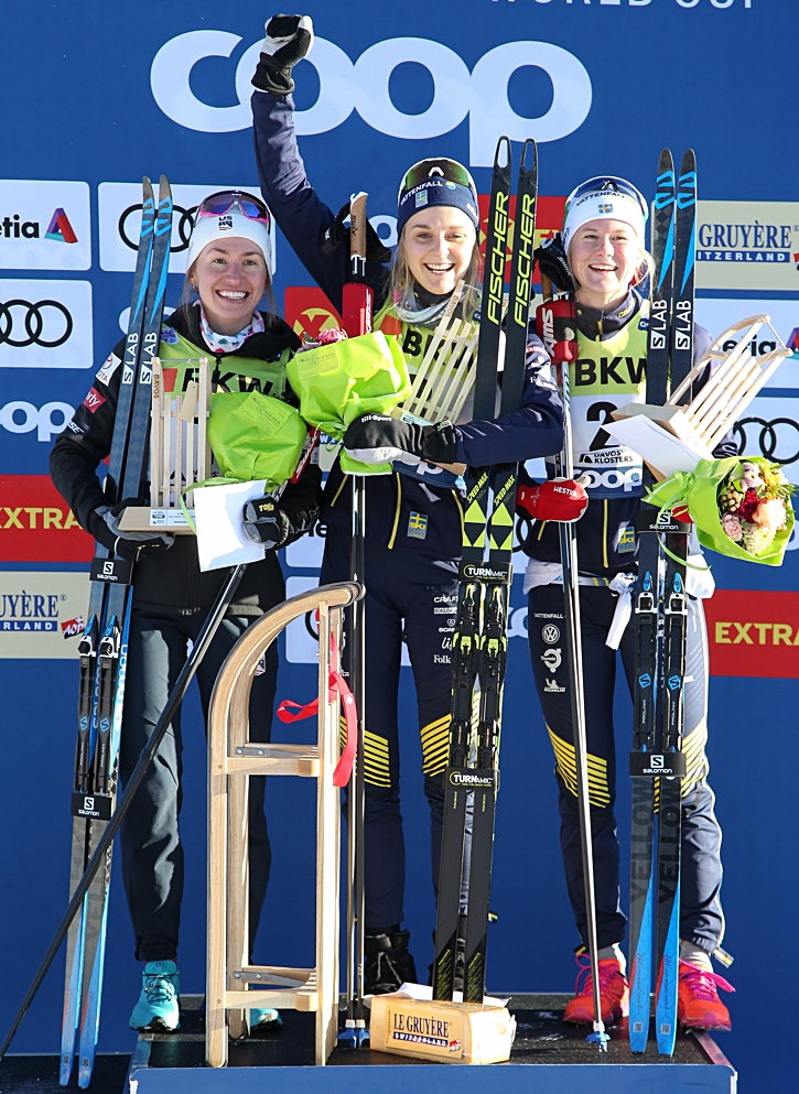 Sophie Caldwell, Stina Nilsson och Maja Dahlqvist p&aring; pallen i Davos. FOTO: Harald Steiner/GEPA pictures.
