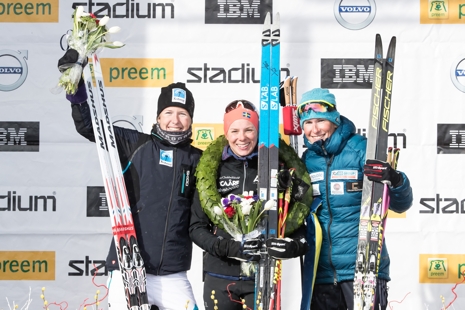 Topp tre p&aring; Vasaloppet 2018:  Astrid &Ouml;yre Slind, tv&aring;a, Lina Korsgren, etta och Katerina Smutn&aacute;, trea. FOTO: Daniel Eriksson/Bildbyr&aring;n.