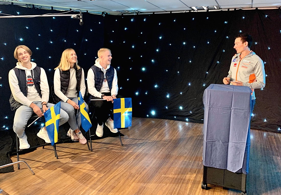 Alexander Melin, Kerstin N&auml;slund och Emil Hagstr&ouml;m &auml;r numera v&auml;lk&auml;nda i Norge efter att ha spelat in reklamfilm med norska sprintlaget. Finn H&aring;gen Krogh var programledare. FOTO: Linda Bengtsson.