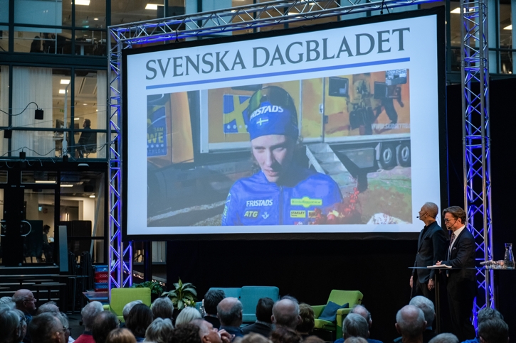 Hanna på länk från Slovenien vid tillkännagivandet av Bragdguldet i Stockholm på tisdagen. FOTO: Simon Hastegård/Bildbyrån.