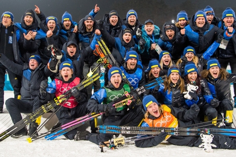 Hela det fantastiska svenska skidskytteteamet som överträffat alla förväntningar under OS. FOTO: Carl Sandin/Bildbyrån.