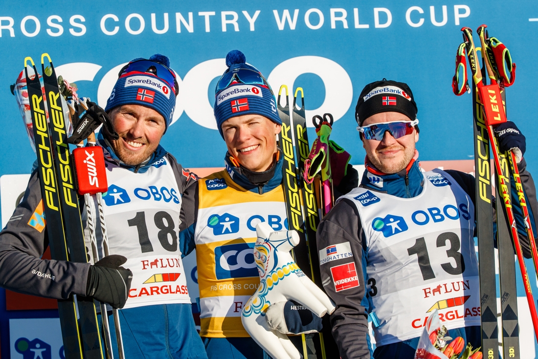 Emil Iversen, Johannes H&ouml;sflot Kl&auml;bo och Sindre Bj&ouml;rnestad Skar fixade en helnorsk pall i  Falun. FOTO: Daniel Eriksson/Bildbyr&aring;n.
