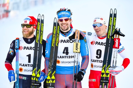 Medaljtrion Martin Johnsrud Sundby, Sergey Ustiugov och Finn H&aring;gen Krogh. FOTO: Carl Sandin/Bildbyr&aring;n.