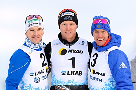 Teodor Peterson, Oskar Svensson och Nikita Kriukov p&aring; pallen. FOTO: Carl Sandin/Bildbyr&aring;n.