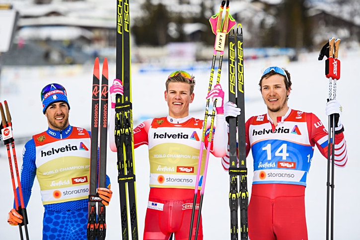 Medaljtrion Federico Pellegrino, Johannes H&ouml;sflot Kl&auml;bo och Gleb Retivykh. FOTO: Joel Marklund/Bildbyr&aring;n.