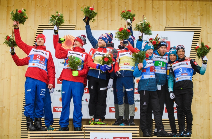 Prispallen med silverlaget Ryssland, guldg&auml;nget fr&aring;n Norge och glada fransm&auml;n som grejade bronset. FOTO: Joel Marklund/Bildbyr&aring;n.