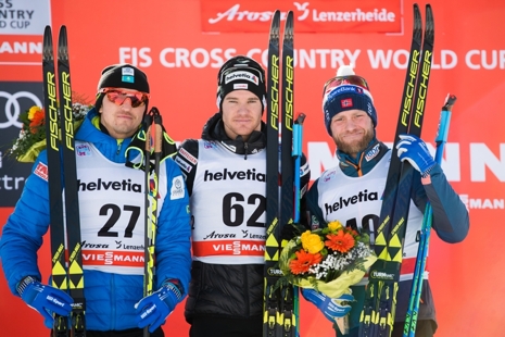 Pallen efter 15 kilometer klassiskt i Lenzerheide: Poltoranin, Cologna och Sundby. FOTO: Jon Olav Nesvold/Bildbyrån.