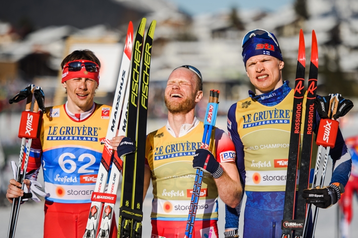 Medaljtrion Aleksandr Bessmertnykh, Martin Johnsrud Sundby och Iivo Niskanen. FOTO: Joel Marklund/Bildbyr&aring;n.