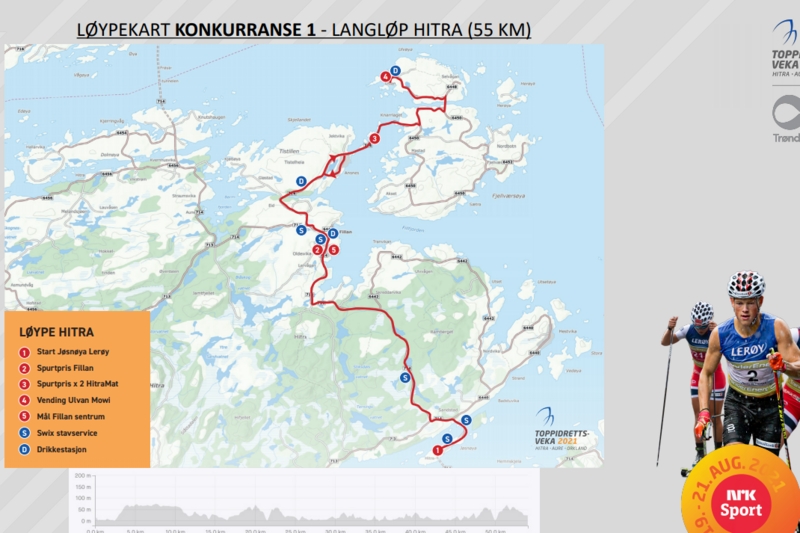 Banstr&auml;ckning och banprofil f&ouml;r kv&auml;llens l&aring;nglopp Hitra 55 km. BILD: Toppidrettsveka.