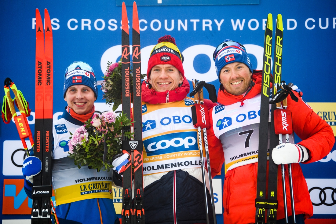 Topptrion: Hegstad Kr&uuml;ger, Bolshunov och Iversen. FOTO: Bildbyr&aring;n/Mathias Bergeld.