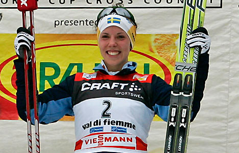 Charlotte Kalla efter segern p&aring; Tour de Ski 2008. FOTO: Newspower Canon.