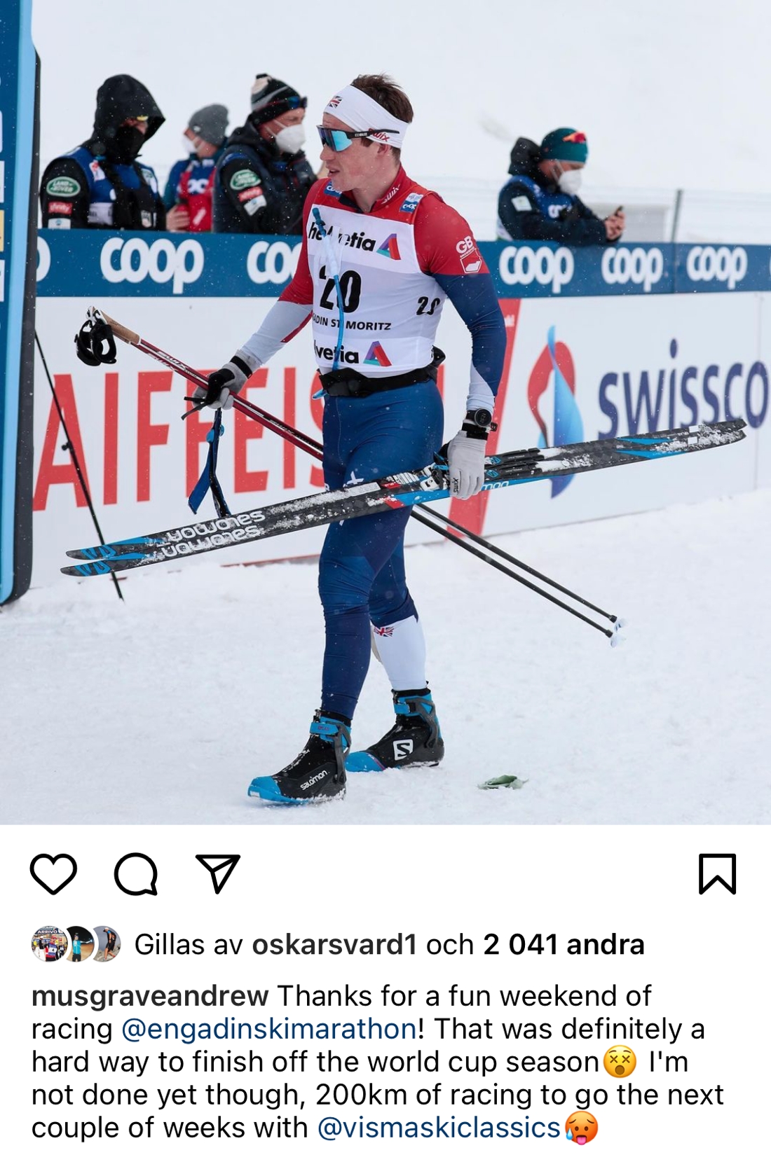 Andrew Musgrave var inte n&ouml;jd med sin insats p&aring; femmilen i Engadin i g&aring;r men ser nu fram emot att &aring;ka de kommande loppen i Visma Ski Classics. FOTO: Andrew Musgraves Instagram.