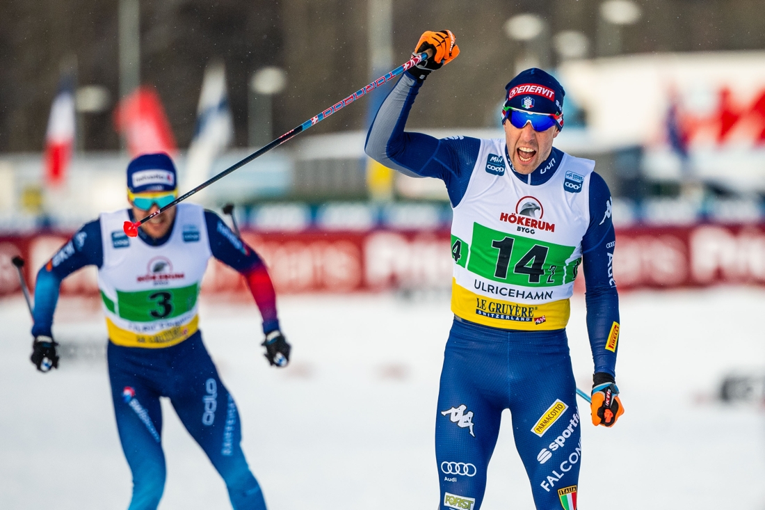 Italiens Federico Pellegrino tog Italien till segern f&ouml;re Schweiz med Roman Furger p&aring; slutstr&auml;ckan. FOTO: Carl Sandin/Bildbyr&aring;n.