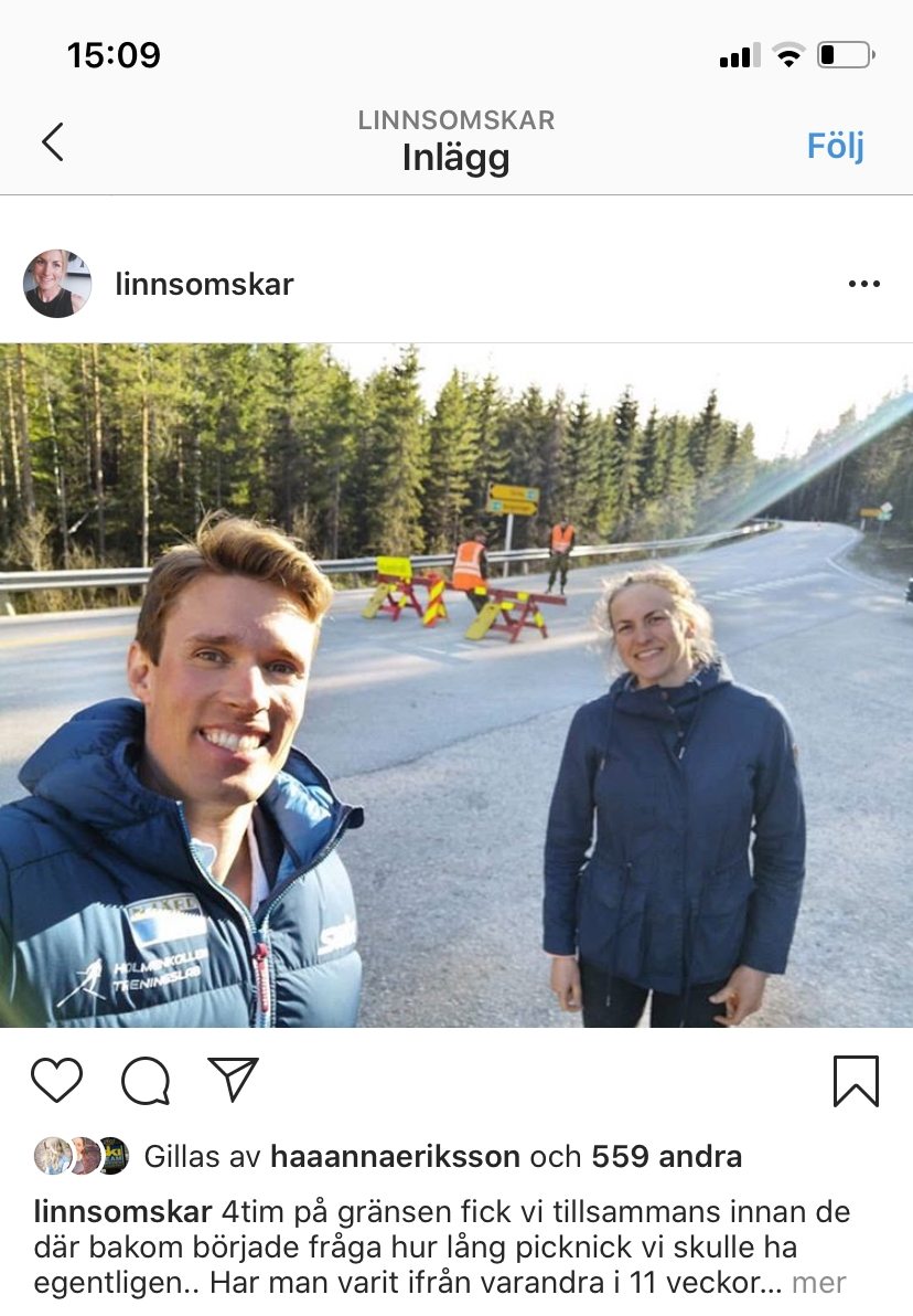 Linn och Ragnar vid norsk-svenska gr&auml;nsen i slutet p&aring; maj. Nu &auml;r de dock &aring;terf&ouml;renande i Norge. FOTO: Linn S&ouml;mskars instagram.