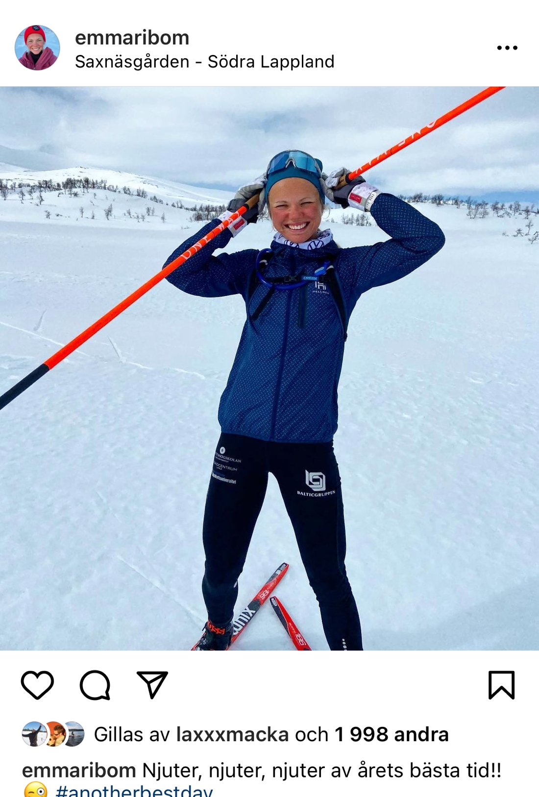 23 maj var sista passet p&aring; sn&ouml; f&ouml;r Emma Ribom under v&aring;ren. H&auml;r &auml;r Emma vid Saxn&auml;s n&aring;gra veckor tidigare. FOTO: Emma Ribom Instagram.