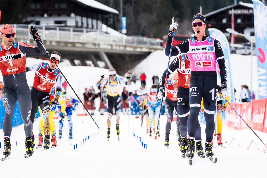 P&aring; Kaiser Maximilian Lauf spurtvann Emil Persson f&ouml;re Andreas Nygaard och Marcus Johansson. FOTO: Visma Ski Classics/Magnus &Ouml;sth.