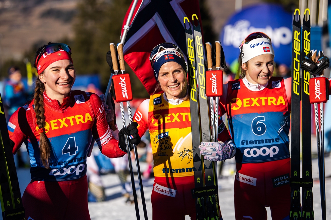 Topptrion: tv&aring;an Nepryaeva, ettan Johaug och trean &Ouml;stberg. FOTO: Bildbyr&aring;n/Daniel Bergeld.